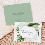 Geometric Gold Tropical Greenery Flat Wedding Thank You Card<br><div class="desc">This geometric gold tropical greenery flat wedding thank you card is perfect for a destination wedding. The design features hand-painted watercolor gold and green palm and banana leaves with pink flowers bunched into bouquets, adorning a geometric frame. Personalize the inside of the card with your names, and a thank you...</div>