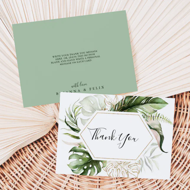 Geometric Gold Tropical Greenery Flat Wedding Thank You Card | Zazzle
