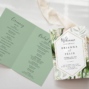 Geometric Gold Tropical Greenery Folded Wedding Program