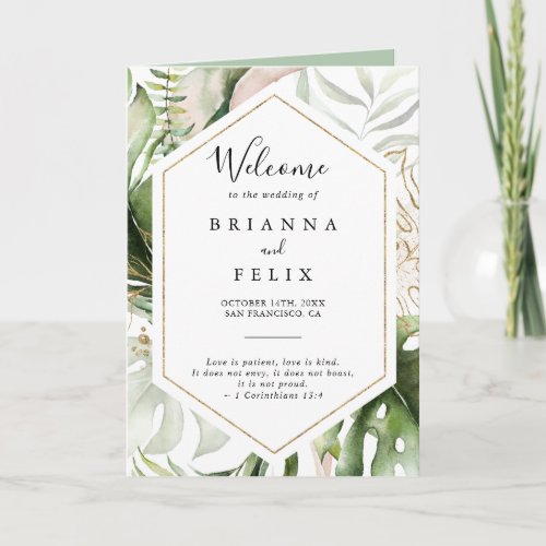 Geometric Gold Tropical Greenery Folded Wedding Program