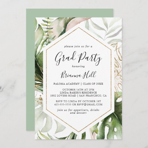 Geometric Gold Tropical Greenery Grad Party Invitation