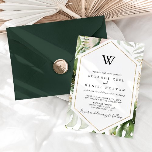 Geometric Gold Tropical Greenery Monogram Wedding Invitation