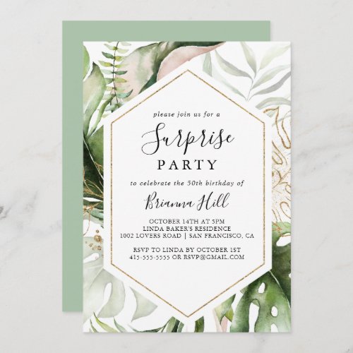 Geometric Gold Tropical Greenery Surprise Party Invitation