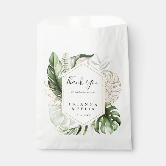Geometric Gold Tropical Greenery Thank You Wedding Favor Bag (Front)