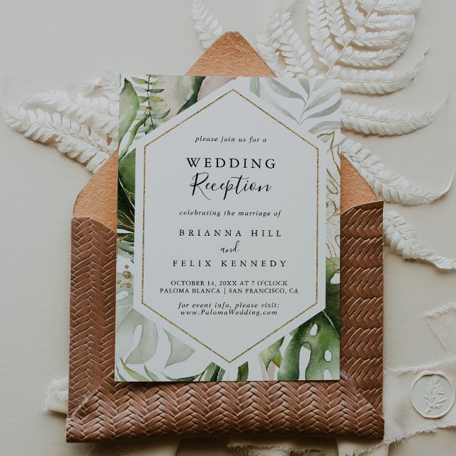 Geometric Gold Tropical Greenery Wedding Reception Invitation (Creator Uploaded)