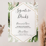 Geometric Gold Tropical Signature Drinks Sign<br><div class="desc">This geometric gold tropical signature drinks sign is perfect for a destination wedding. The design features hand-painted watercolor gold and green palm and banana leaves with pink flowers bunched into bouquets, adorning a geometric frame. Personalize the sign with the names of the bride and groom and their favorite drink choice....</div>