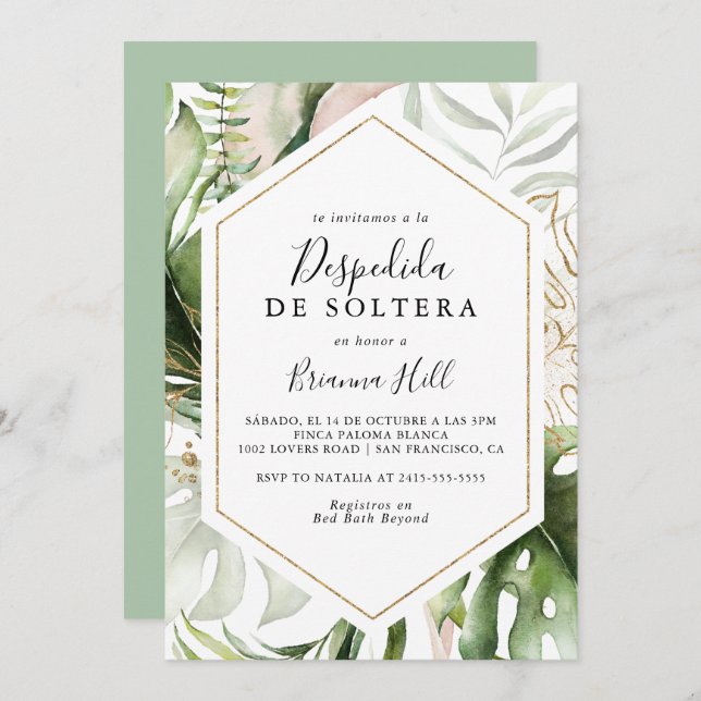 Geometric Gold Tropical Spanish Bridal Shower Invitation (Front/Back)
