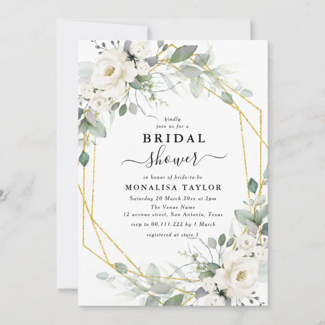 Geometric gold & white floral bridal shower invitation | Zazzle