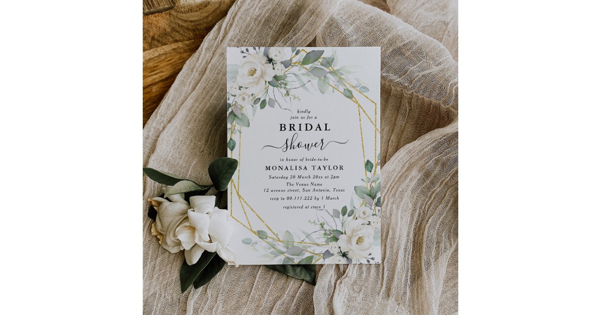 Geometric gold & white floral bridal shower invitation | Zazzle