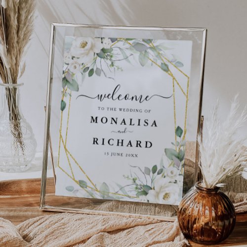 geometric gold white floral wedding sign