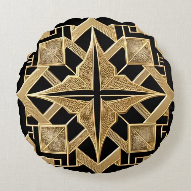 Geometric Golden Art Deco Pattern Round Pillow (Front)