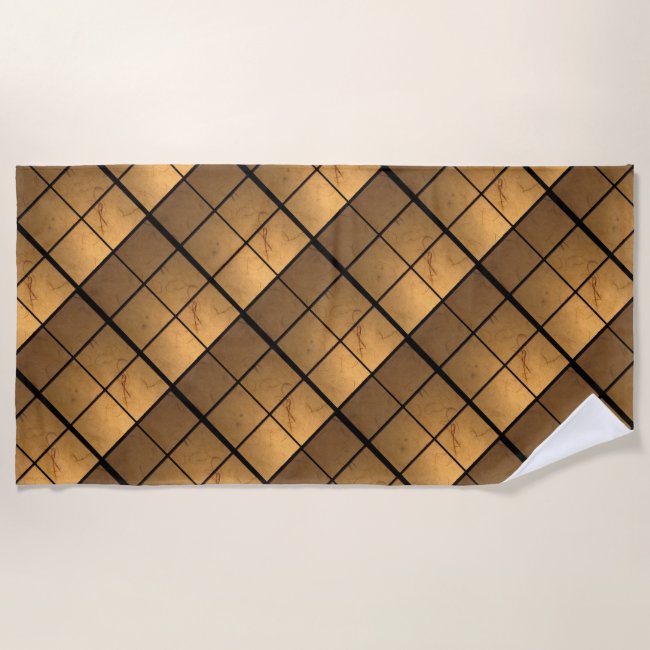 Geometric Golden Copper Square Pattern Beach Towel