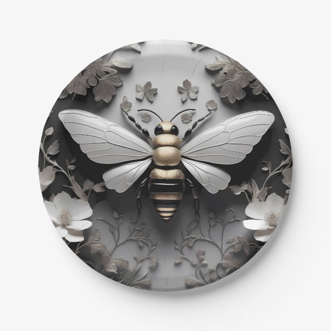Geometric Golden Honeybee Art Paper Plates (Front)