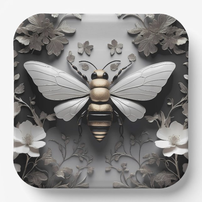 Geometric Golden Honeybee Art Paper Plates (Front)