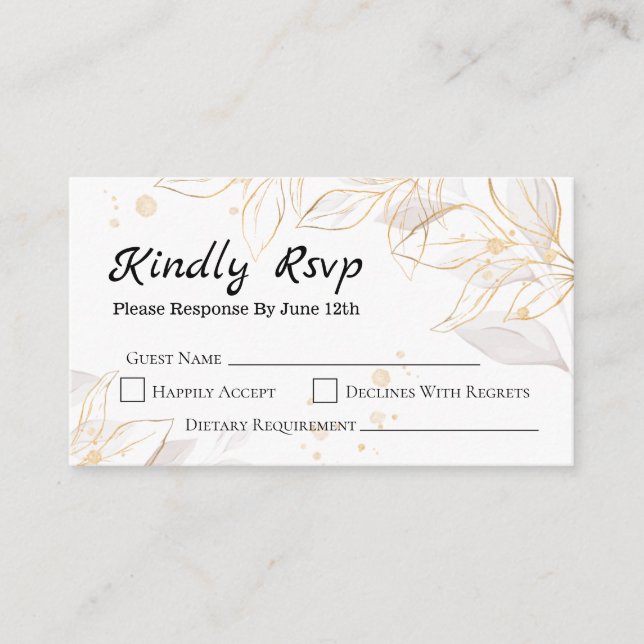 Geometric golden leaf rural wedding RSVP card (Front)