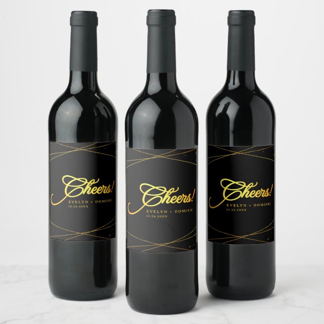 Geometric Golden Luxury Black Tie Wedding Wine Label (Bottles)