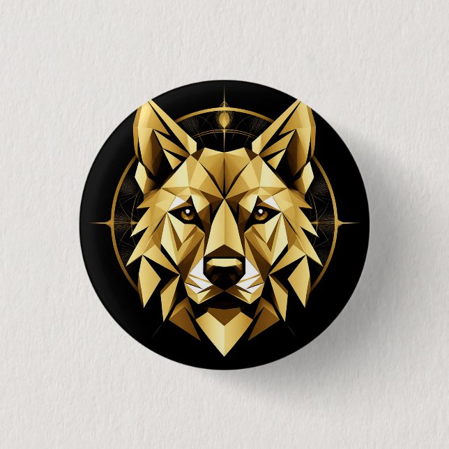 Geometric Golden Wolf Illustration Button (Front)