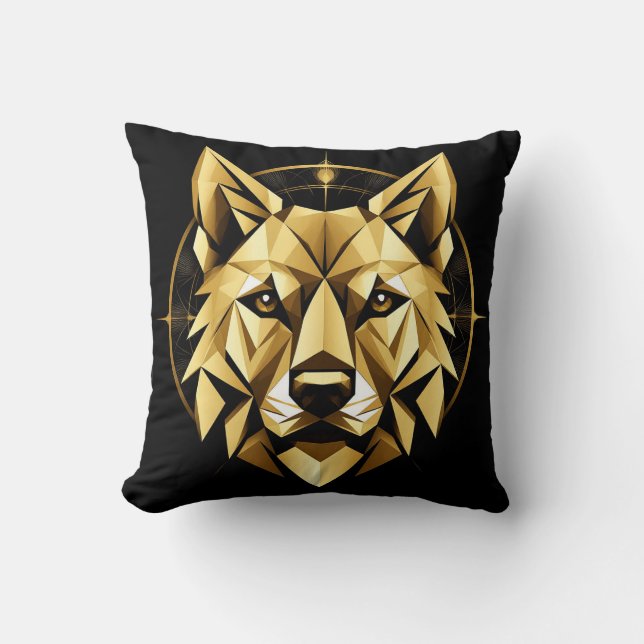Geometric Golden Wolf Illustration Throw Pillow (Front)