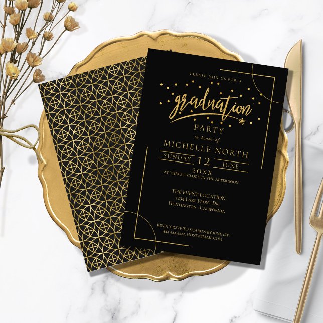 Geometric Graduation Gold on Black ID508 Invitation (Creator Uploaded)