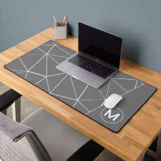 Geometric gray and white triangles lines Monogram Desk Mat