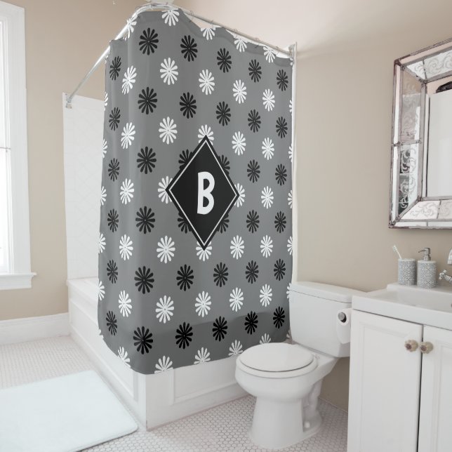 Geometric Gray Black White Floral Monogram Initial Shower Curtain (In Situ)