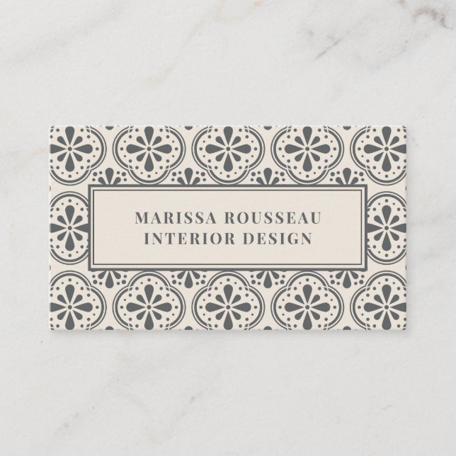 Geometric Gray Cream Pattern Interior Designer Business Card (Front)