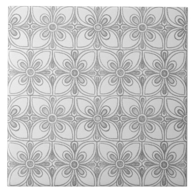 Geometric Gray Patterns Abstract Flowers Ceramic Tile (Front)