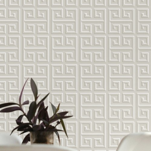 Geometric Greek Key Pattern Light Gray Beige Wallpaper