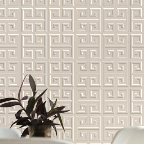 Geometric Greek Key Pattern Warm Beige Wallpaper