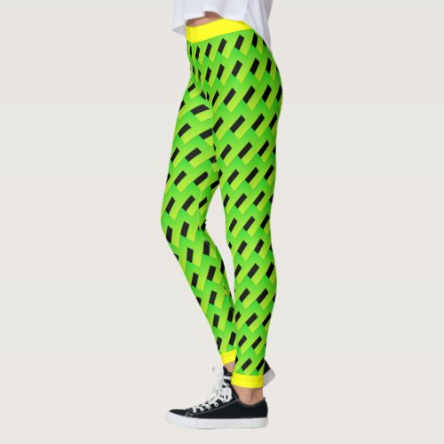 Geometric Green and Black Pattern with Yellow Trim Leggings