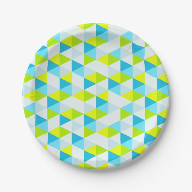 Geometric Green and Blue Triangles Modern Pattern Paper Plates (Front)