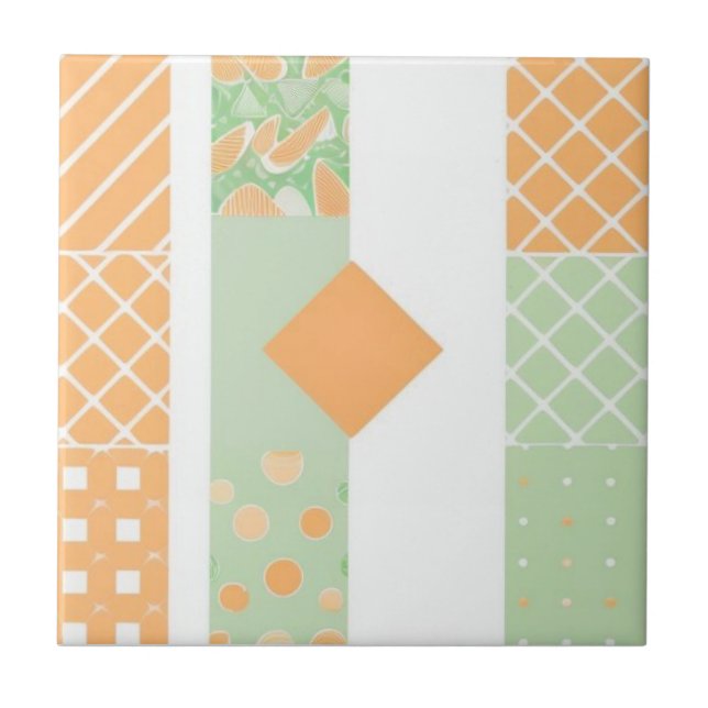 Geometric green and orange pattern ceramic tile (Front)