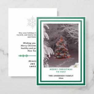 Geometric Green and White Christmas Tree Name Letterpress Photo Cards
