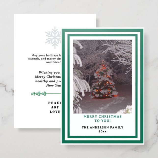 Geometric Green and White Christmas Tree Name Letterpress Photo Cards (Front/Back)