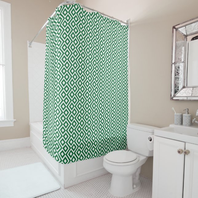 Geometric Green and White Meander Shower Curtain (In Situ)