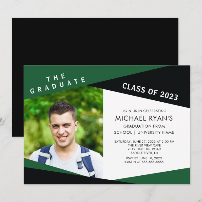 Geometric Green Black Photo Graduation Invitation (Front/Back)