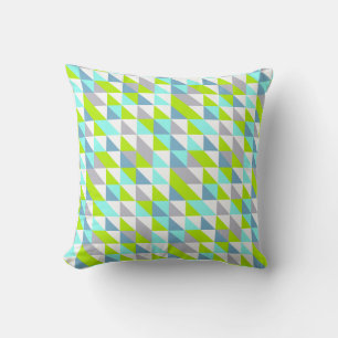 Geometric Green, Blue White Gray Triangles Pattern Throw Pillow
