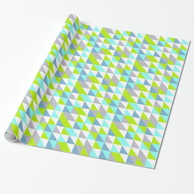 Geometric Green, Blue White Gray Triangles Pattern Wrapping Paper (Unrolled)