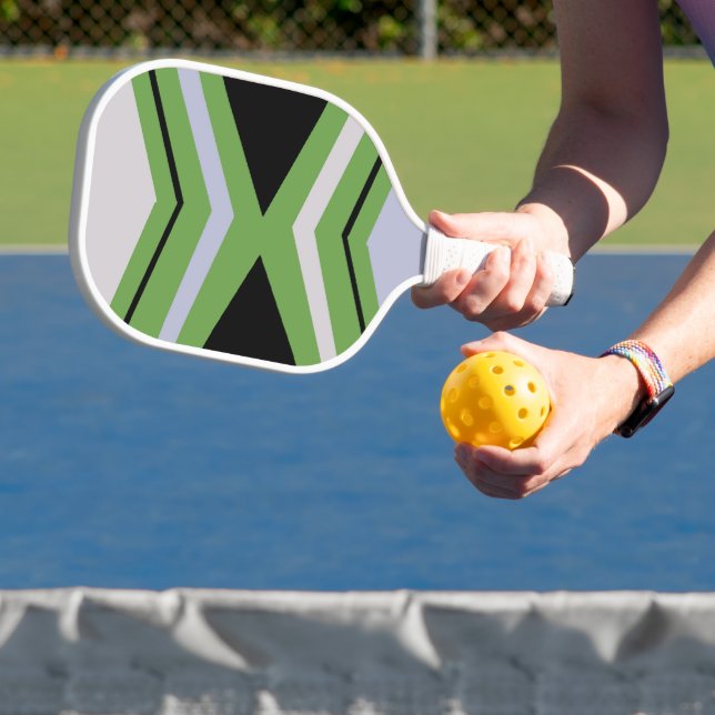 Geometric green, gray and blue pattern pickleball paddle (Insitu)