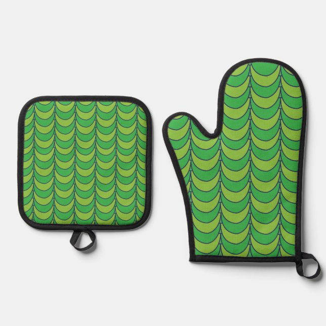 Geometric Green Half Circle Geometric Pattern Oven Mitt & Pot Holder Set (Front)