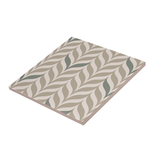 Geometric Green Taupe Decorative Leaf Pattern DIY Ceramic Tile (Side)