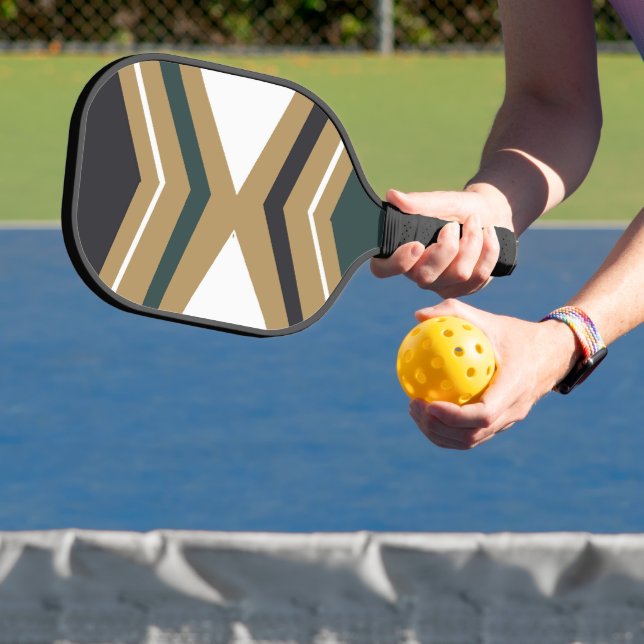 Geometric green, white and gold pattern pickleball paddle (Insitu)