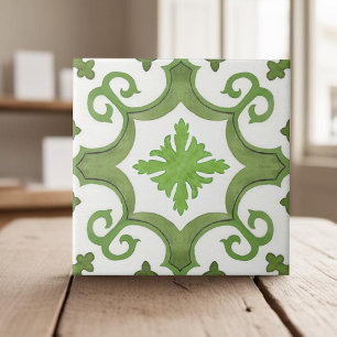 Geometric green white moroccan mediterranean style ceramic tile
