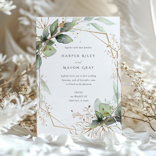 Geometric Greenery and Faux Gold Wedding Invitation