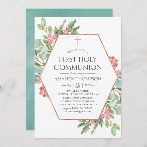 Geometric Greenery Christmas First Holy Communion Invitation