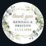 Geometric Greenery Elegant Gold Wedding Thank You Classic Round Sticker<br><div class="desc">Design features eucalyptus,  succulents and greenery elements in shades of dusty sage and blue/gray with a printed gold colored geometric terrarium border wreath frame.</div>