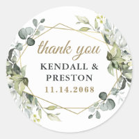 Geometric Greenery Elegant Gold Wedding Thank You Classic Round Sticker