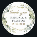 Geometric Greenery Elegant Gold Wedding Thank You Classic Round Sticker<br><div class="desc">Design features eucalyptus,  succulents and greenery elements in shades of dusty sage and blue/gray with a printed gold colored geometric terrarium border wreath frame.</div>