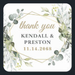 Geometric Greenery Elegant Gold Wedding Thank You Square Sticker<br><div class="desc">Design features eucalyptus,  succulents and greenery elements in shades of dusty sage and blue/gray with a printed gold colored geometric terrarium border wreath frame.</div>