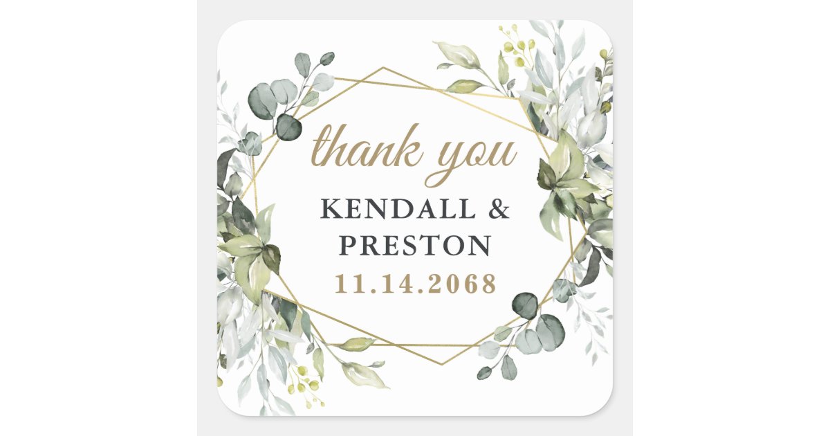 Geometric Greenery Elegant Gold Wedding Thank You Square Sticker | Zazzle